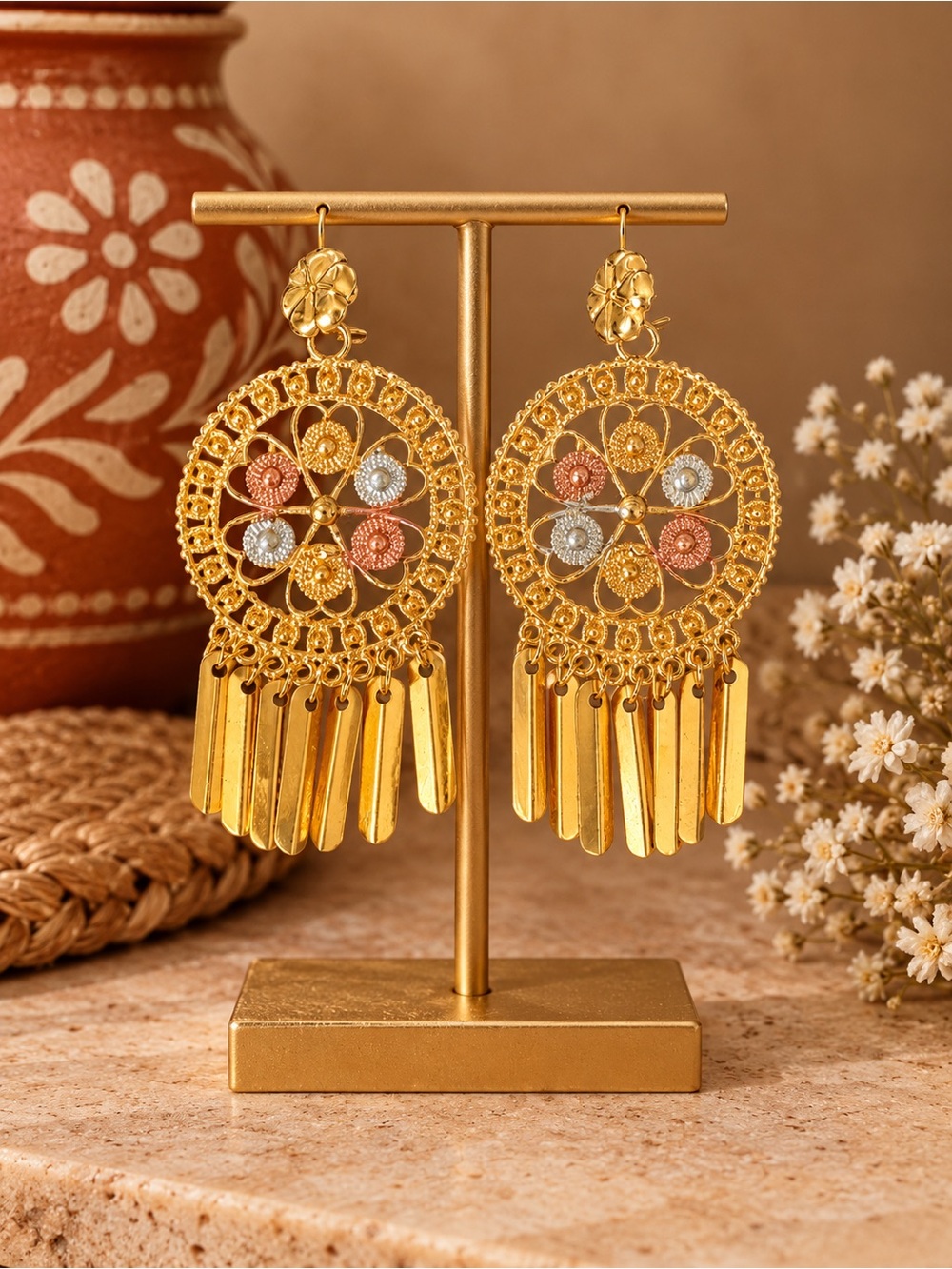 Gold Filigree Dangle Earrings with Tri-Tone Accents - Women Jewelry